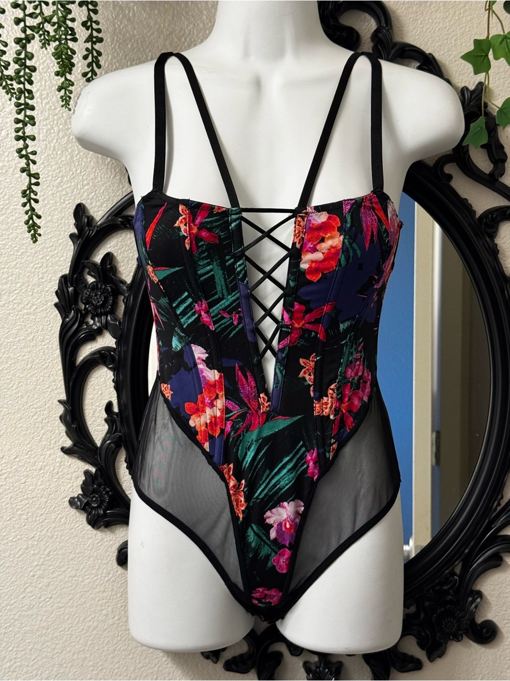 Victoria's Secret Black Floral Lace-Up Mesh Bodysuit